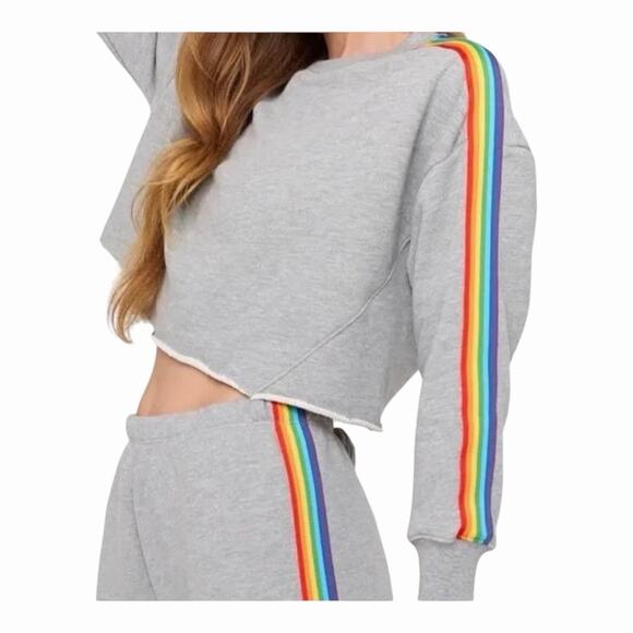 Spiritual Gangster Rainbow Trim Accents Cropped Pullover Sweatshirt XS Gray NWT - Picture 2 of 16